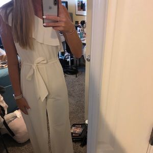 White one shoulder waist tie jumpsuit